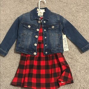 Kids Denim Jacket with Red Plaid Dress